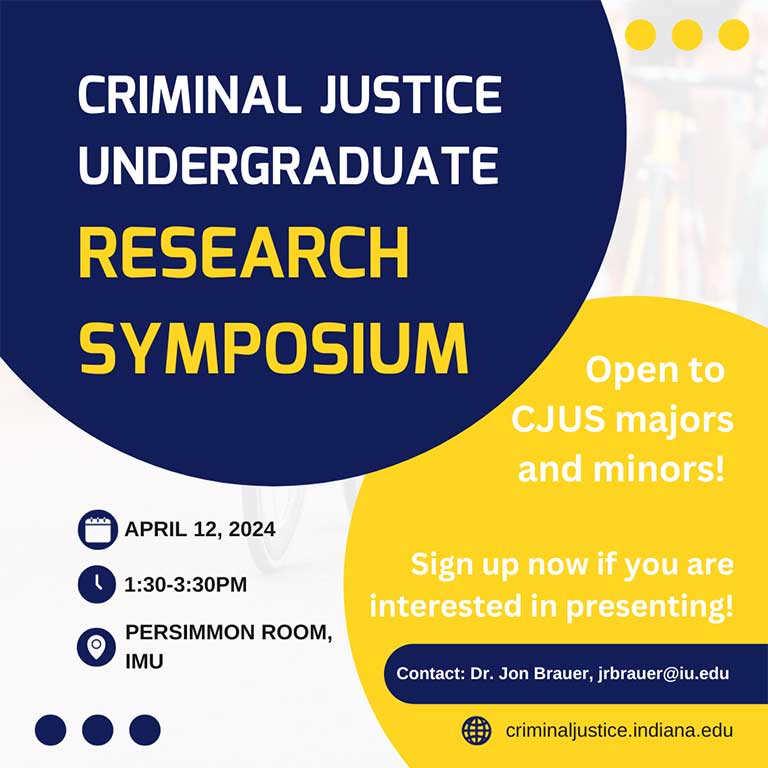 A yellow and white advertisement for the Criminal Justice Undergraduate Research Symposium.