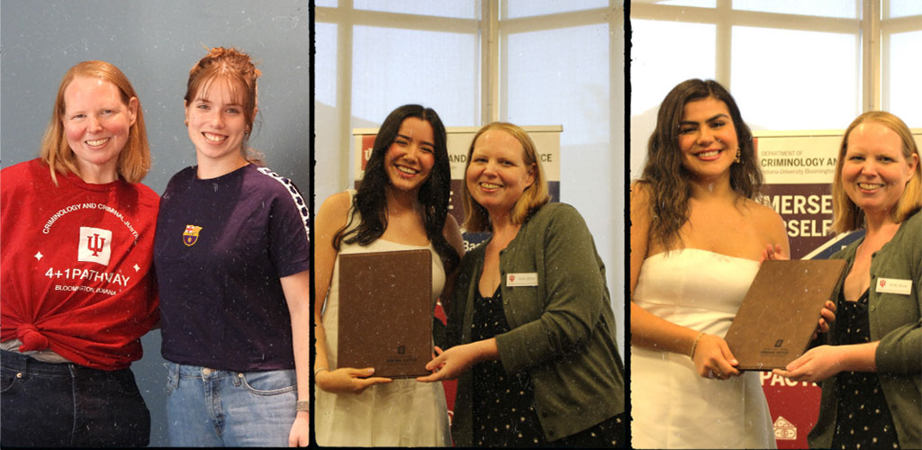 A collage of three photos side-by-side. In the first, a faculty or staff member in a red IU shirt poses with a student wearing a navy shirt. In the second and third, the same staff member presents plaques to two different women in white dresses.
